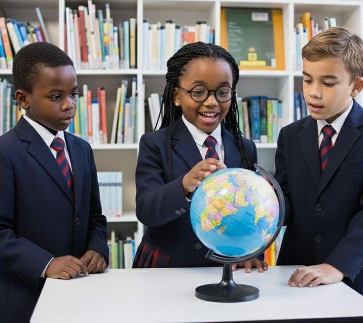 Pupils in school uniform gathered around a globe in the school library