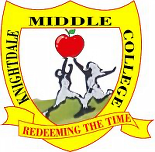 Knightdale Middle College crest: a red apple above two figures, with the motto Redeeming the Time
