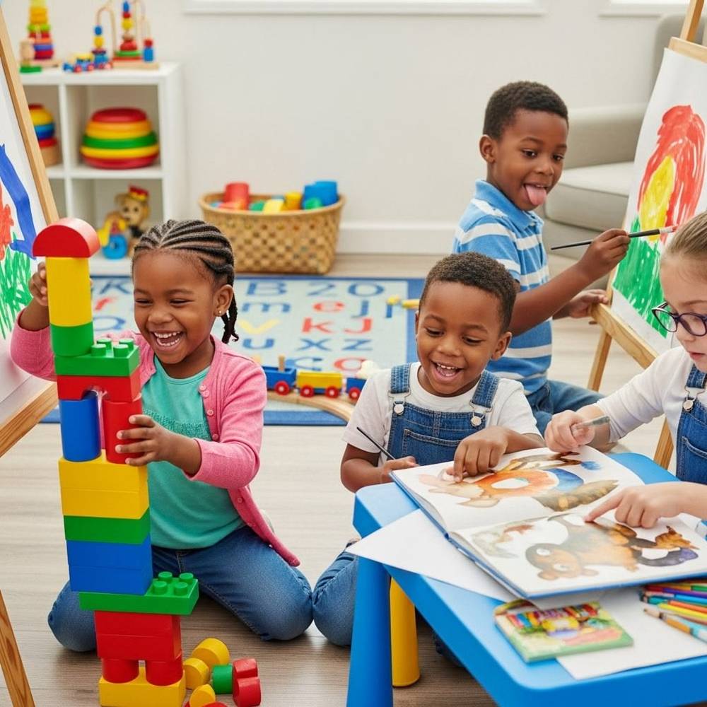 Young children laughing as they build with blocks, paint and read picture books in a bright playroom